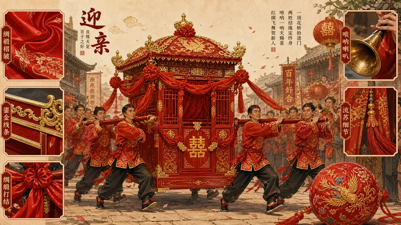 花轿ai绘画：把大红画出层次的5个细节，木构鎏金与唢呐队伍这样摆