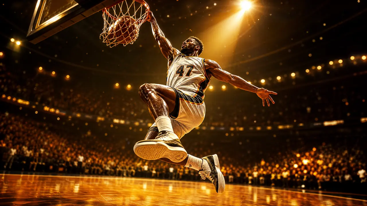 ai绘画 NBA 篮球主题出片指南：扣篮瞬间定格、球衣质感与球场灯光氛围实操