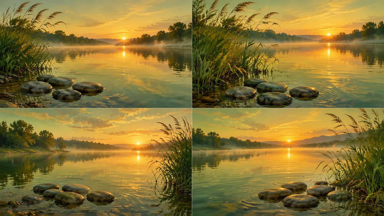 河边ai绘画水总像玻璃？倒影、石头、芦苇、夕阳的分层写法和参数