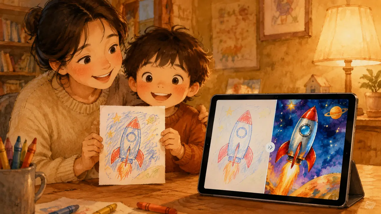 ai孩子绘画陪玩实录：把孩子的涂鸦变成完整作品，暑假作业插画也用上了