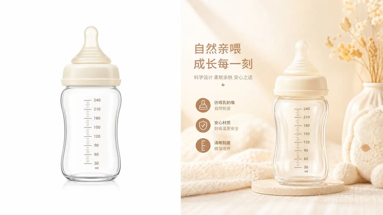 奶瓶绘画ai实操：透明瓶身刻度不糊、硅胶奶嘴出质感，白底图与母婴海报各出一版