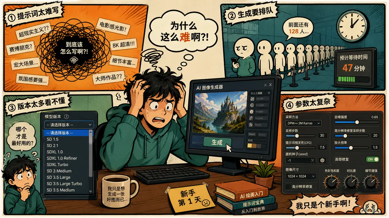 ai绘画难用？四个真实卡点逐个拆，词不对味和排队慢都有绕法