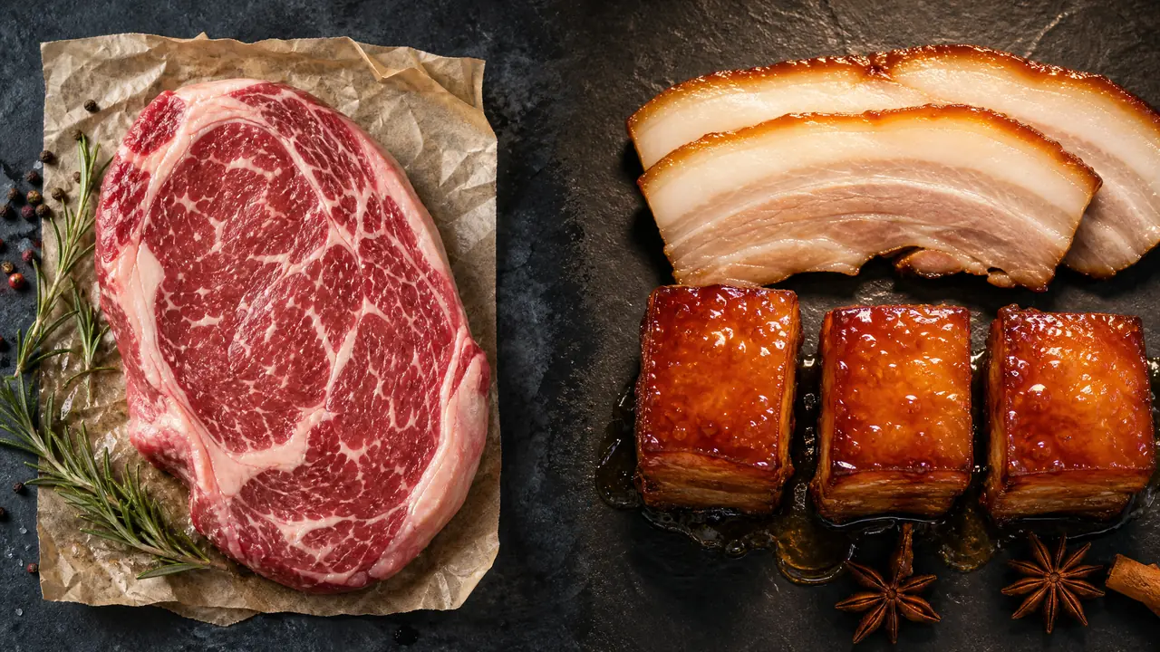 ai绘画生肉怎么画才不吓人：牛排大理石纹、五花肉分层与红烧肉油光的生熟分界