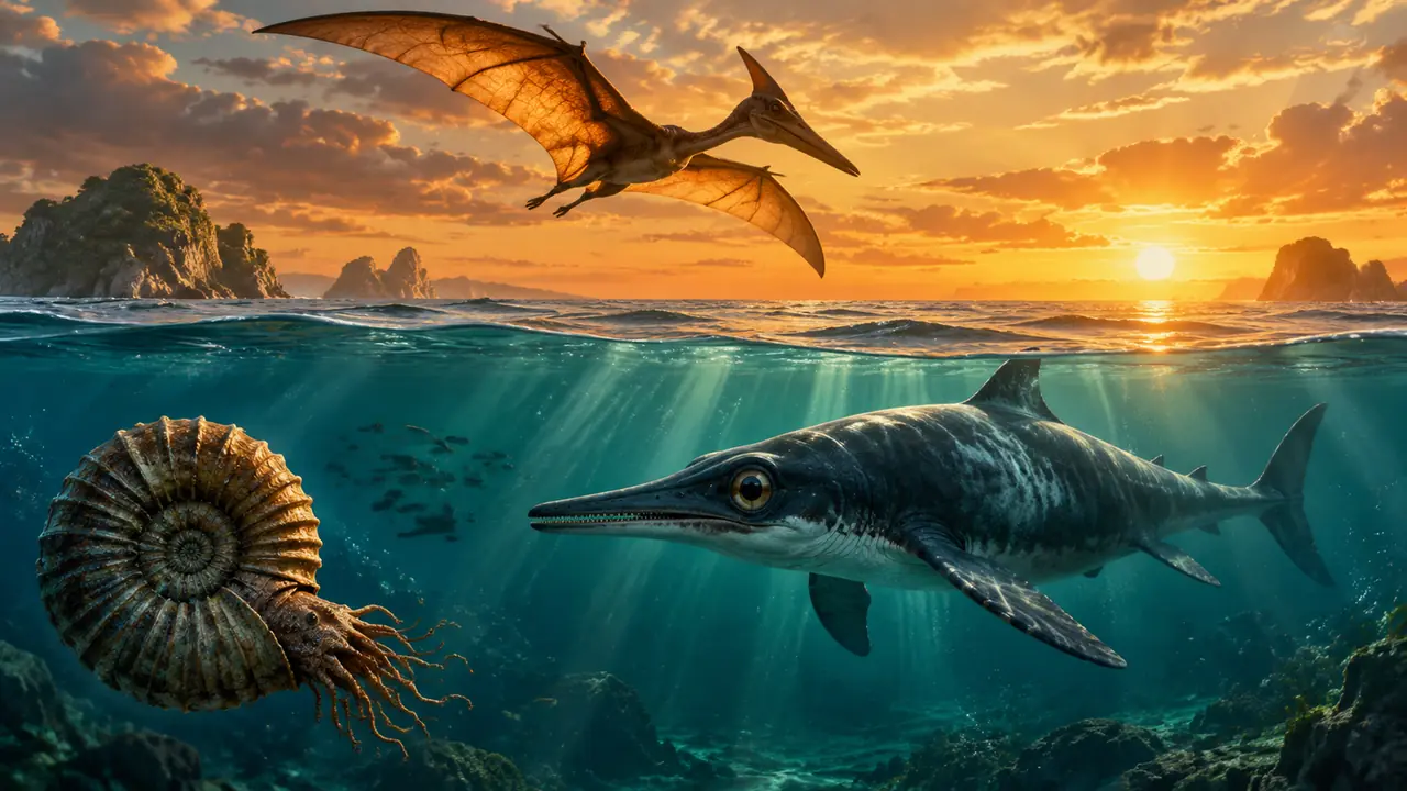 侏罗纪绘画ai海洋天空篇：翼龙翼膜的半透明、鱼龙流线体与菊石螺旋壳画法