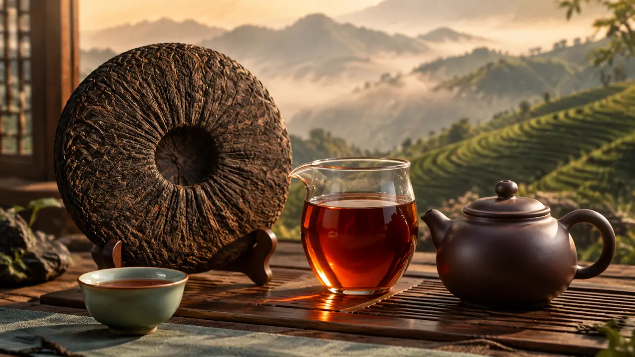 ai绘画普洱茶静物插画：茶饼压纹、红浓茶汤与紫砂壶的画法拆解