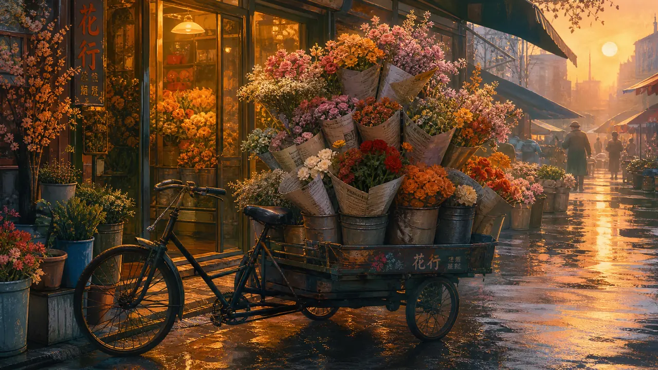 鲜花绘画ai画花市总糊成一片？凌晨花市实拍拆解三轮车、水桶、玻璃门暖光与三层密度控制法