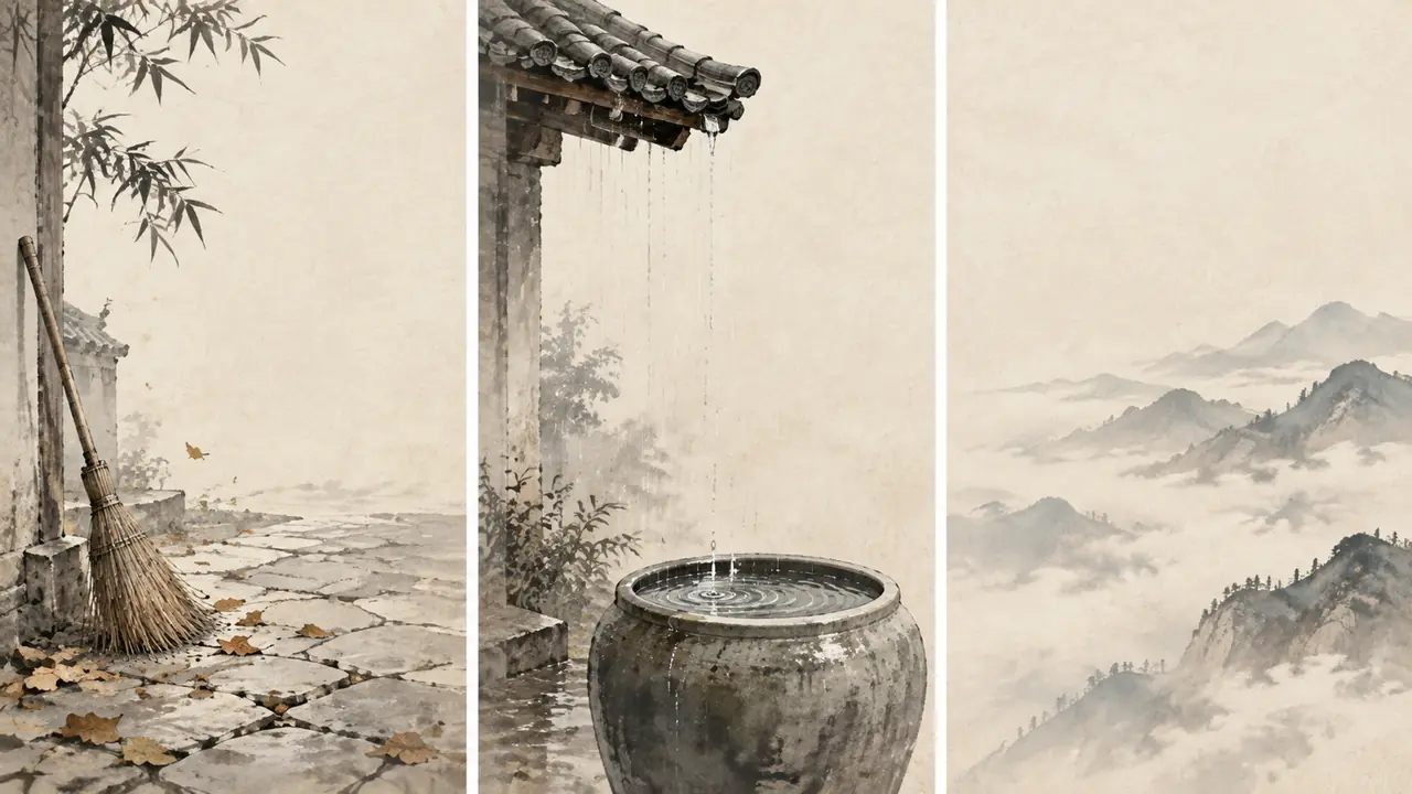 ai绘画禅语短句配图这样做：一句一景水墨底图，扫叶听雨观云各来一张