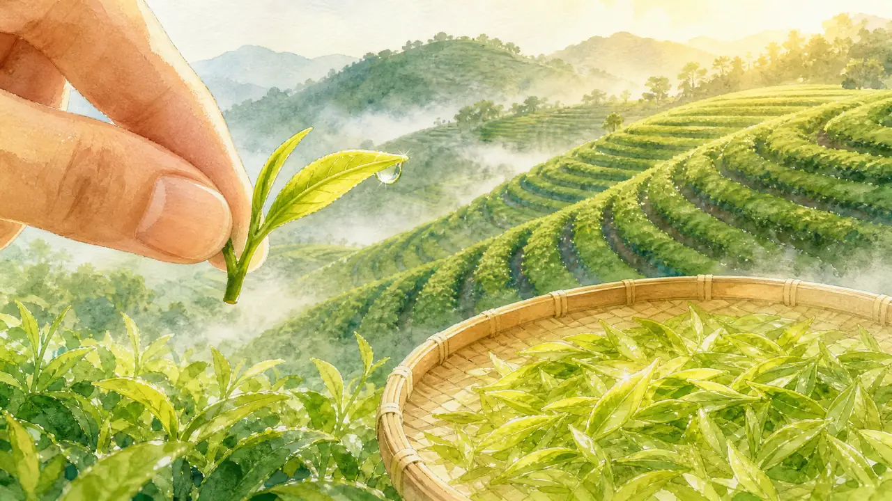 ai茶叶绘画画的是鲜绿不是熟绿：采茶嫩芽、茶山梯田与竹匾摊晾全拆解