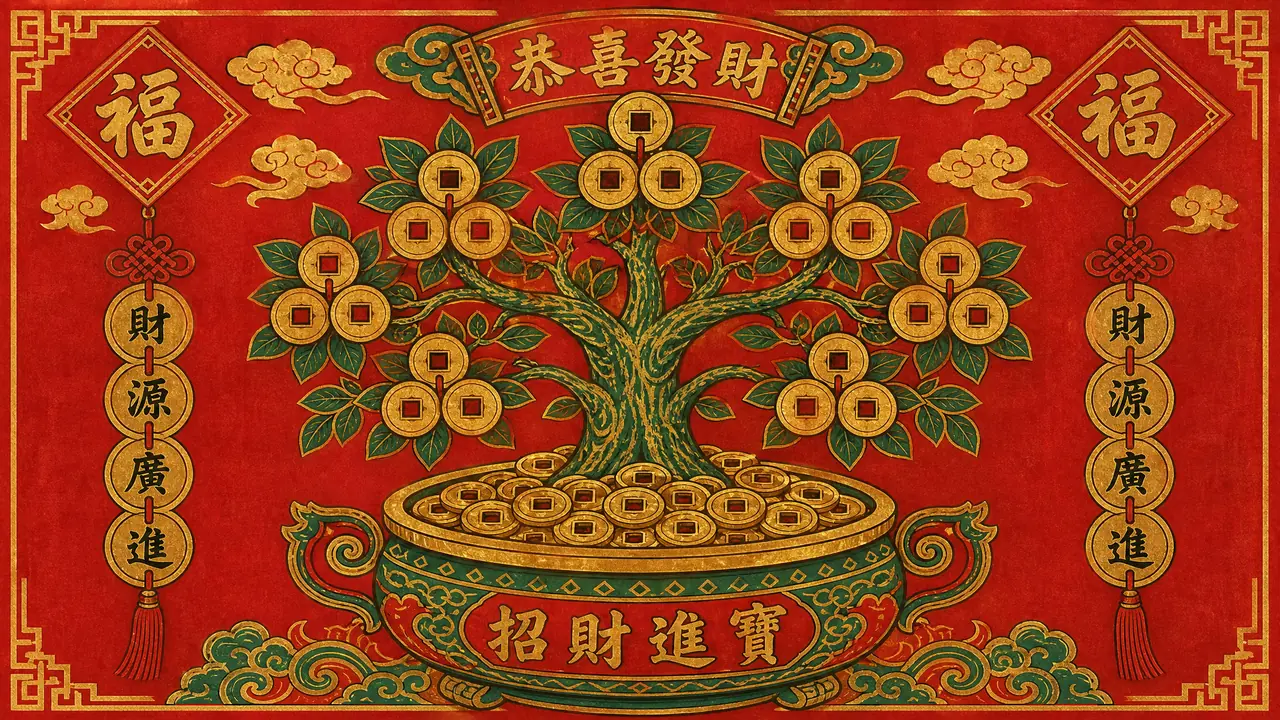 摇钱树ai绘画怎么画出年画味？铜钱叶片与聚宝盆底座的排布拆解