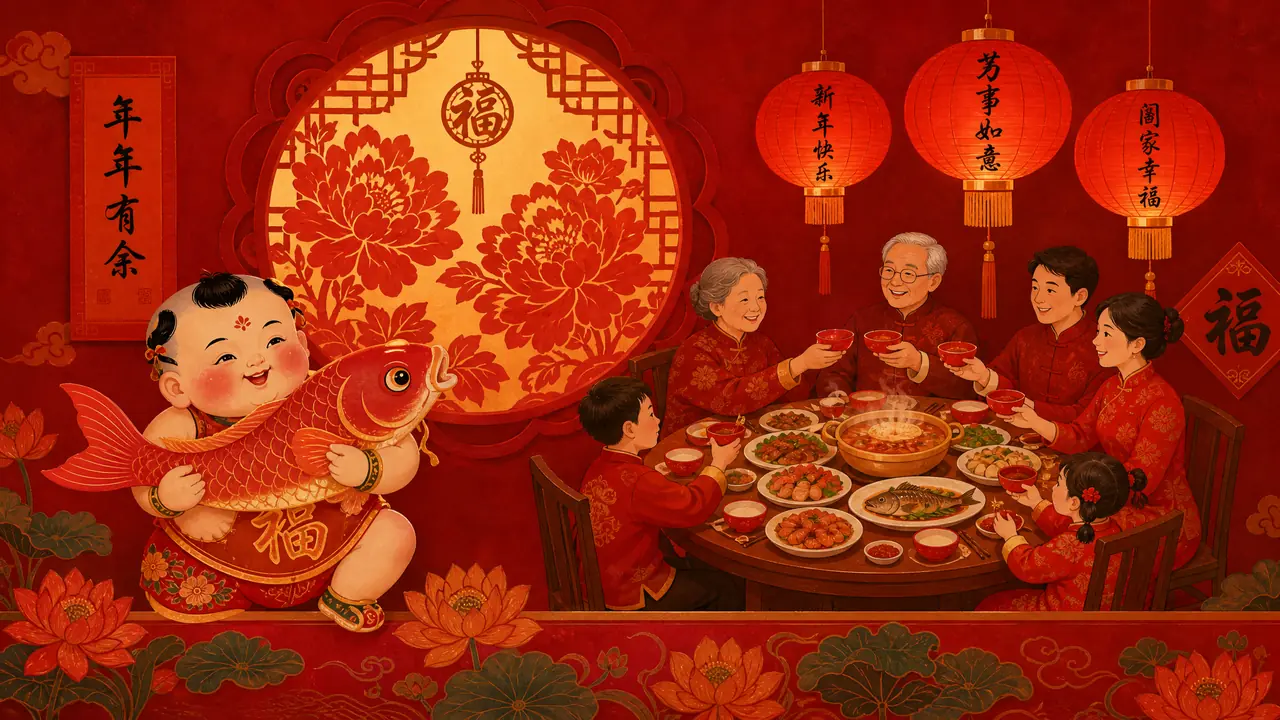 ai年绘画过年主题实操：年画娃娃、红灯笼和年夜饭圆桌的年味出图法