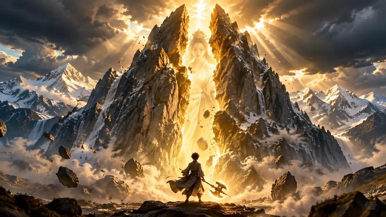 ai绘画劈山救母场景：山体裂缝与神光的构图实测