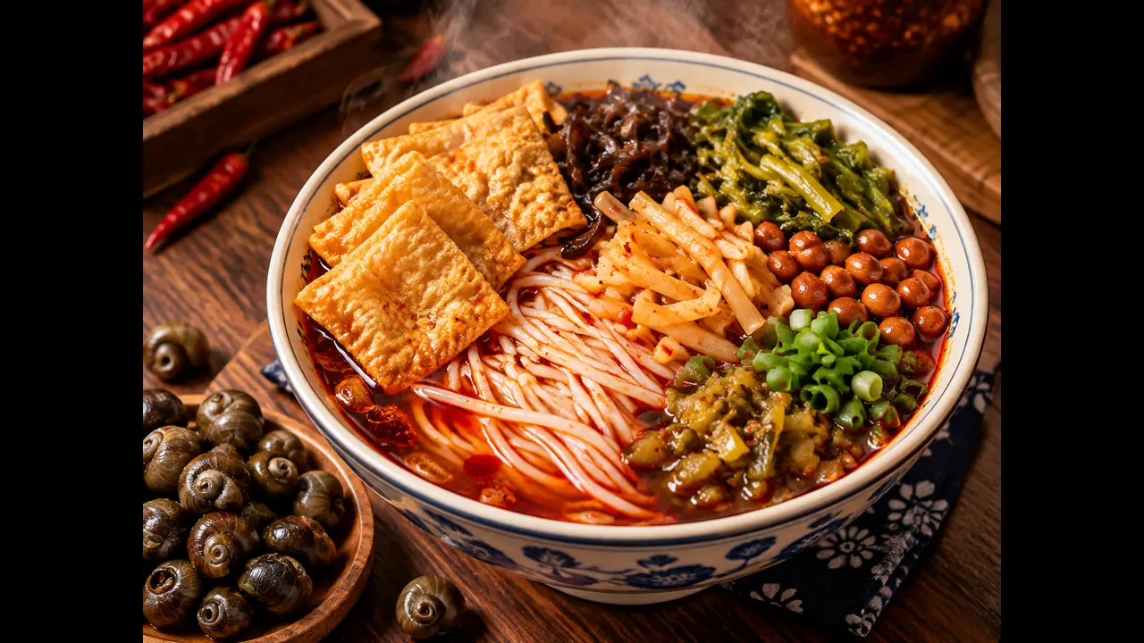 AI绘画螺蛳粉主题插画：红油汤色、螺壳螺旋纹与配料摆放的画法拆解