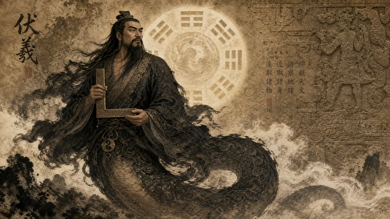 伏羲ai绘画怎么画出人皇气度：蛇尾、八卦与规矩道具的细节拆解