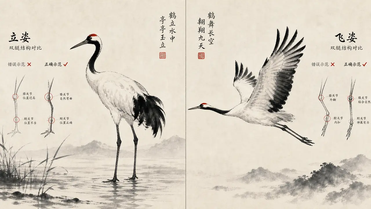 鹤ai绘画腿总多一节？站姿、飞姿与水墨留白的实测调法