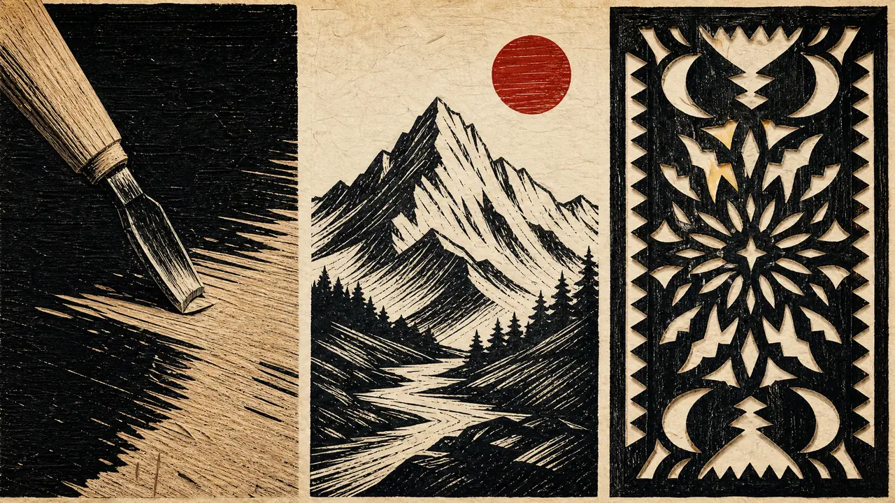 ai绘画刻刀总刻不出木刻味？刀痕肌理、黑白负空间与镂空边框实测调法