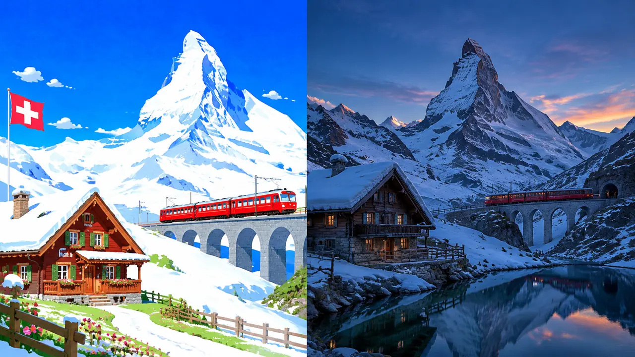 ai绘画瑞士总画成糖水明信片？雪山层次、木屋坡顶与登山火车的实测调法