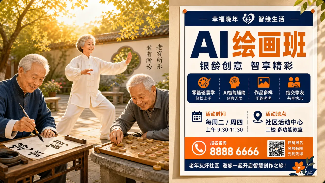 ai养老绘画怎么画才显精神？书法太极下棋场景与适老海报的大字号高对比