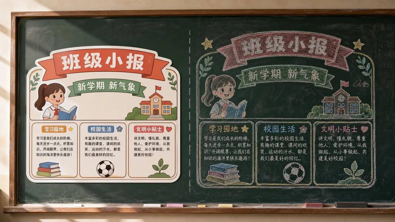 ai粉笔绘画总像贴纸？黑板报版式、颗粒感与色粉过渡实测