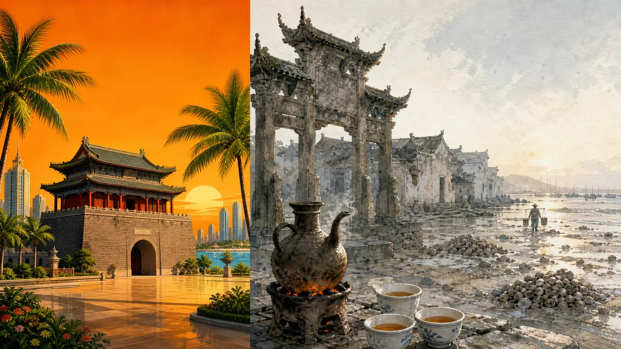 ai绘画即墨总画成明信片？古城牌坊、老酒温壶与海蛤湾滩的意象改法