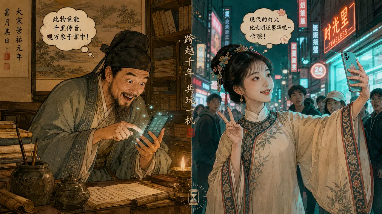 ai绘画穿越梗画不出笑点？古人看手机的错位幽默与考据混搭实测