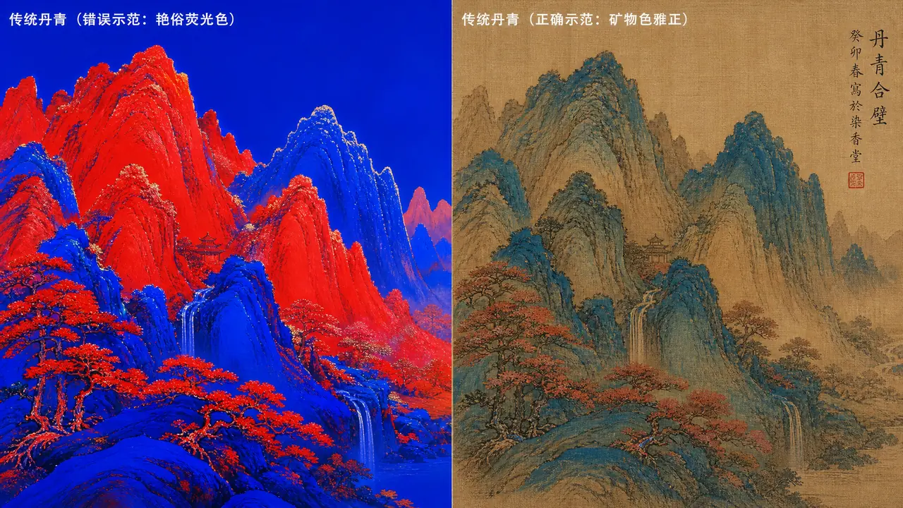 丹青ai绘画总画成滤镜红青？朱砂石青二色对、绢本质感与印章留白的调法