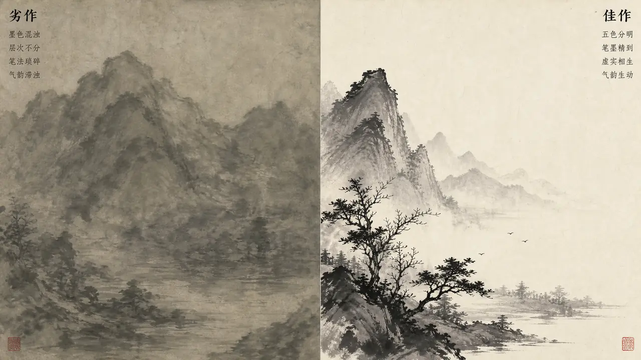 水墨ai绘画墨色总糊成一团？浓淡五阶、晕染边缘与留白的实测调法