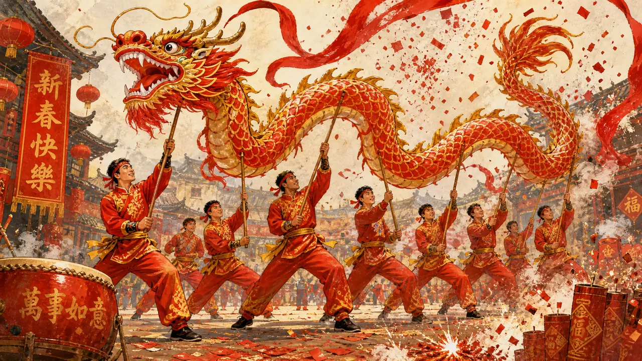 ai绘画舞龙总画成僵蛇？龙身动势、舞龙人步伐与锣鼓红金氛围调法
