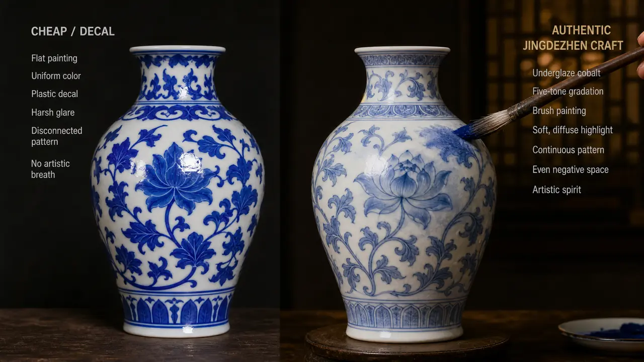 ai青花绘画总像塑料贴花？钴蓝分水、缠枝纹与釉面高光的实测调法