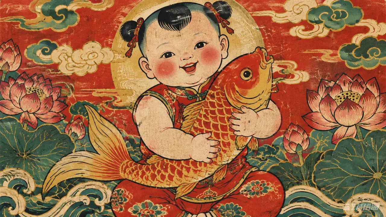 童子ai绘画怎么画出年画味？抱鲤鱼胖娃娃的年龄、构图与配色调法