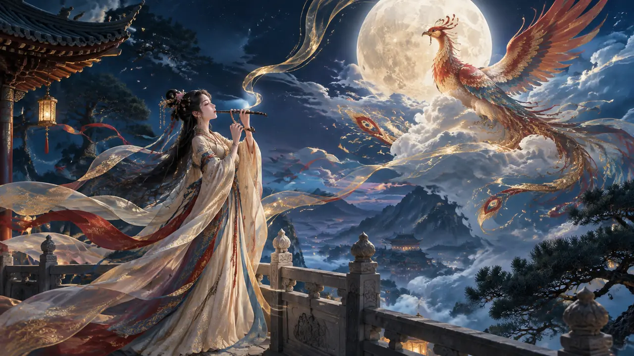 AI绘画弄玉只会出个古装美人？月台、箫声、凤影的典故还原调法