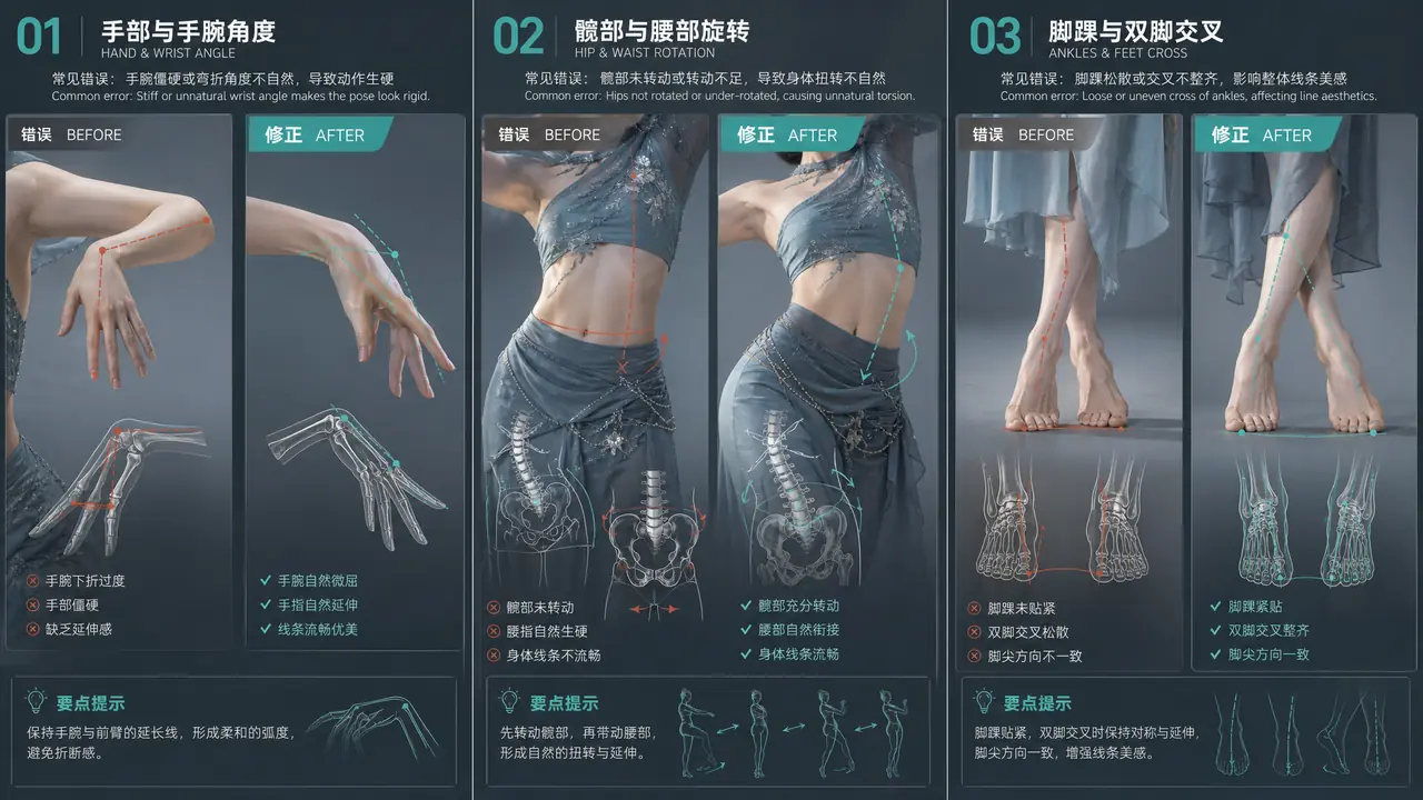 模特跳舞ai最容易崩的三个部位：手腕、腰胯、双脚交叠逐个修