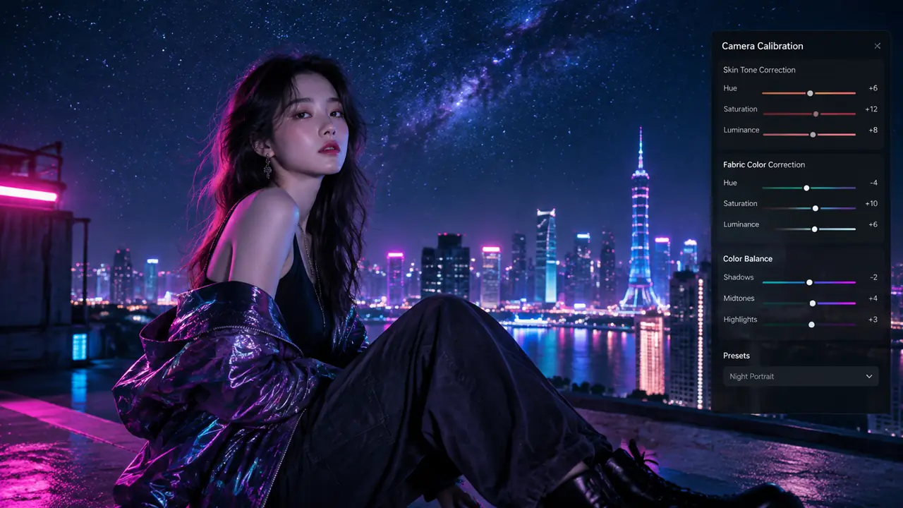 ai模特星辰夜景怎么调？星空霓虹下肤色与面料还原实测