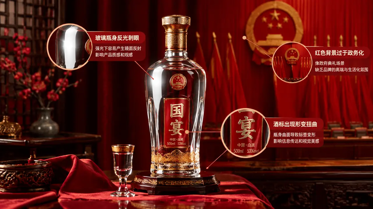 AI模特白酒图不好做：瓶身反光、政务感背景和瓶标的返工账
