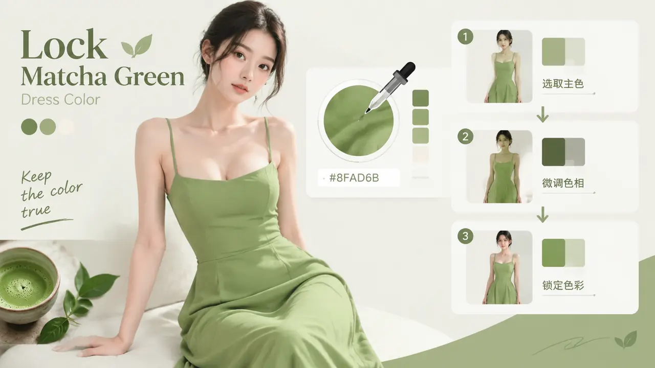 绿衣模特ai偏色修复记：抹茶绿连衣裙的锁色三步