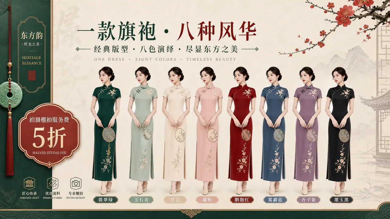 ai旗袍模特换装实测：一件旗袍八个色号，棚拍费省下一大半