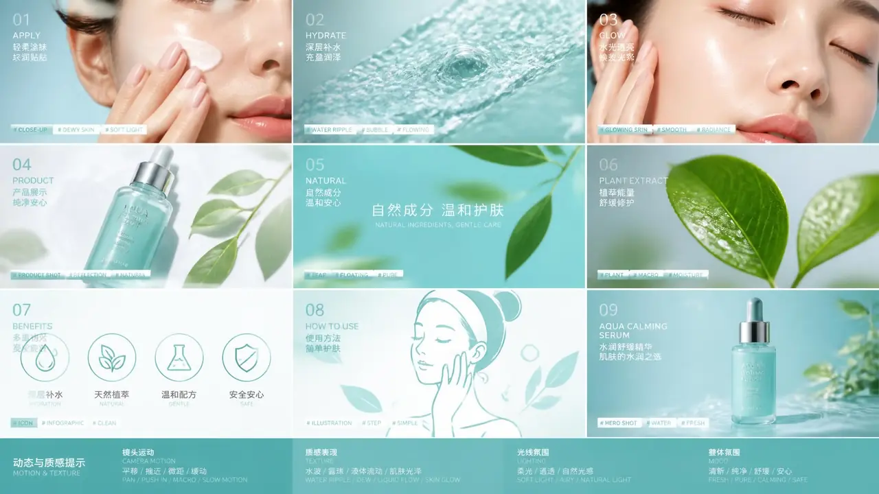 ai护肤模特视频怎么写提示词？涂抹动作、皮肤质感与产品特写的指令细节