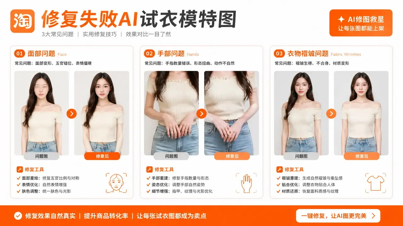 淘宝ai试穿模特图翻车与修复实录：脸崩、手错、衣纹乱怎么救