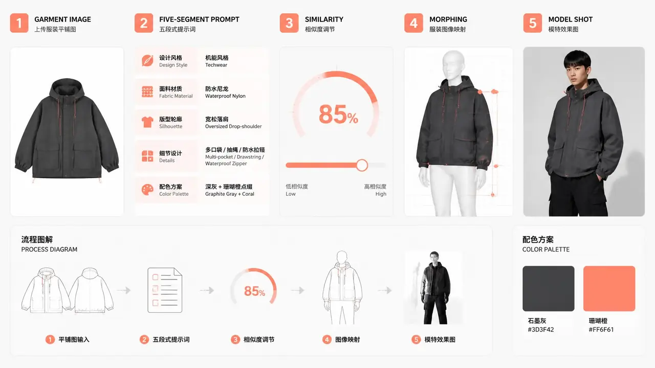 AI服装变模特指令怎么写？五段式提示词与相似度参数实测