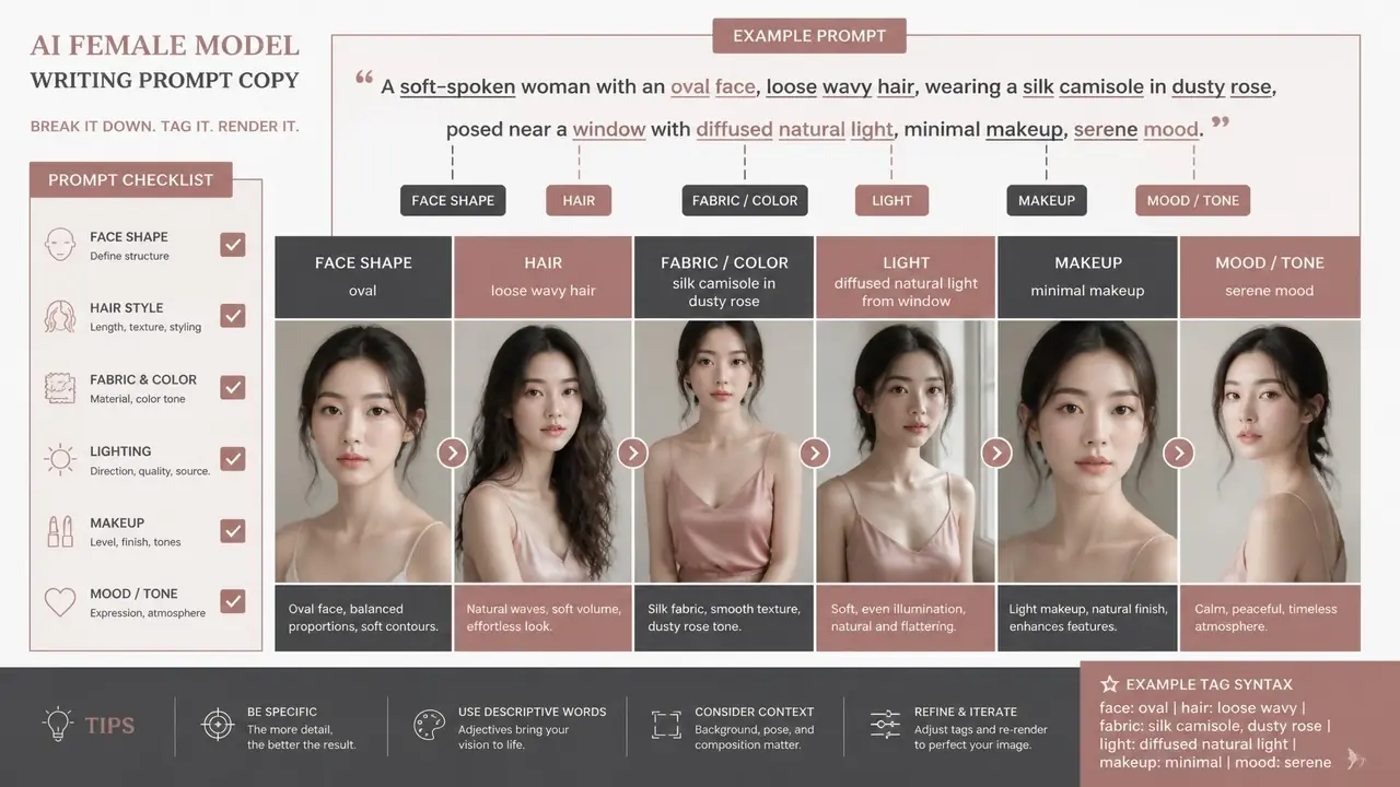 ai女模特文案怎么写才出片：提示词指令逐项拆解，脸型材质光影一条条喂对