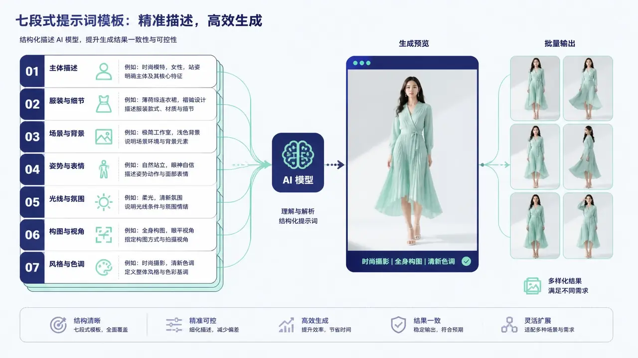 跟ai描述模特怎么写才稳：七段式提示词模板与批量出图实测