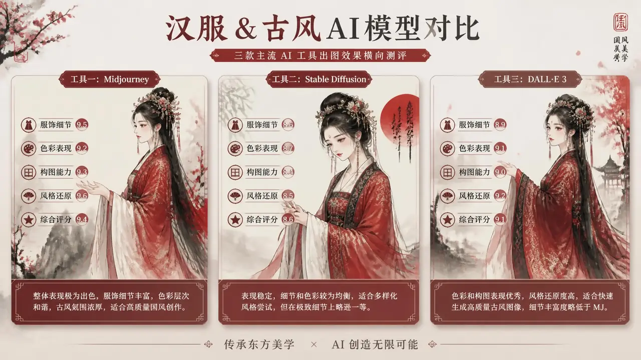 古装ai模特图片三款工具横评：汉服形制、发饰、衣袂谁出得最稳