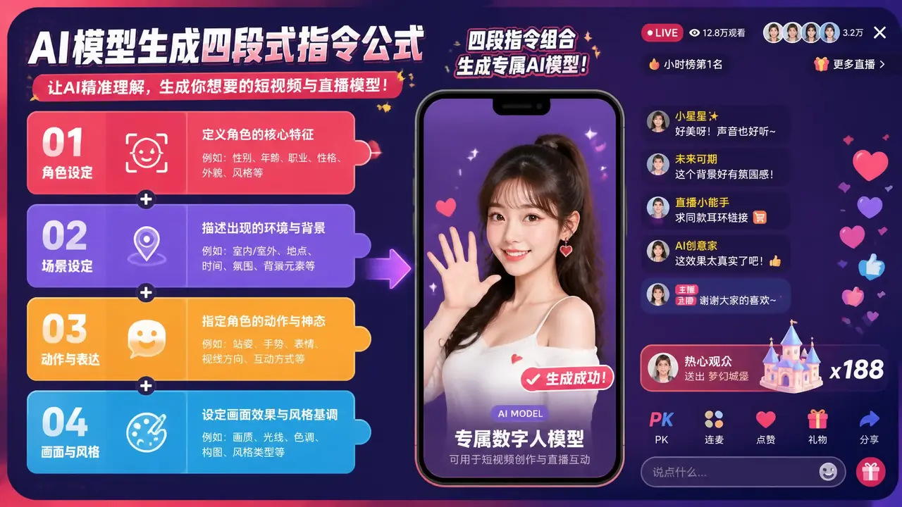 ai生成模特口令怎么写？短视频直播场景的四段式拆法与实测记录