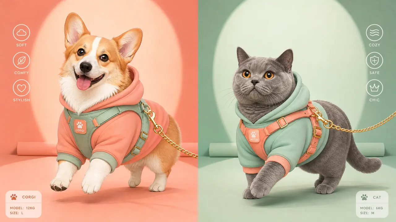 ai宠物模特秀实操：狗狗猫咪穿宠物服出图，牵引绳胸背带不穿帮的修法