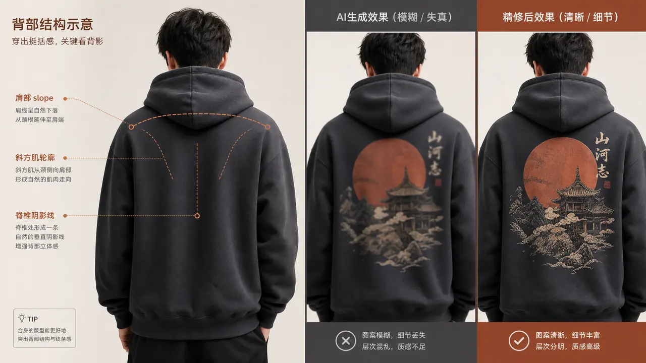 后背模特男ai出图实测：背面构图的肩背线条与印花保真写法