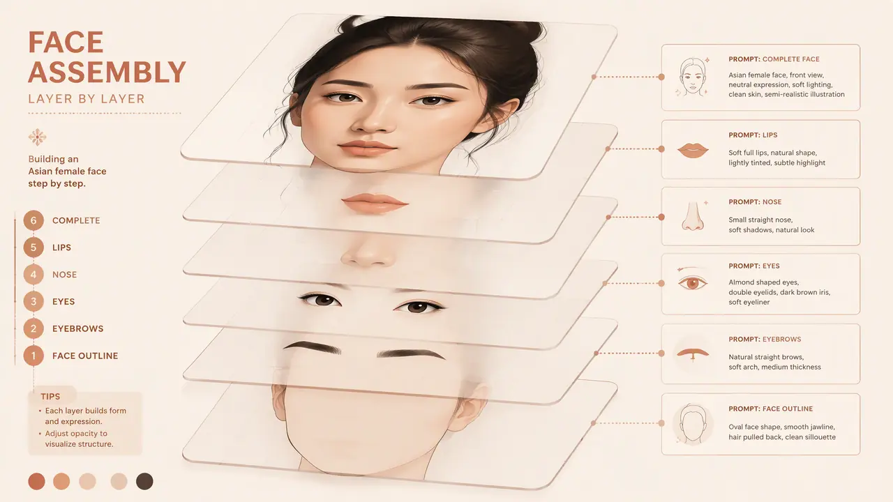 ai生成模特脸怎么捏才自然？五官分层提示词与亚洲脸型写法实测