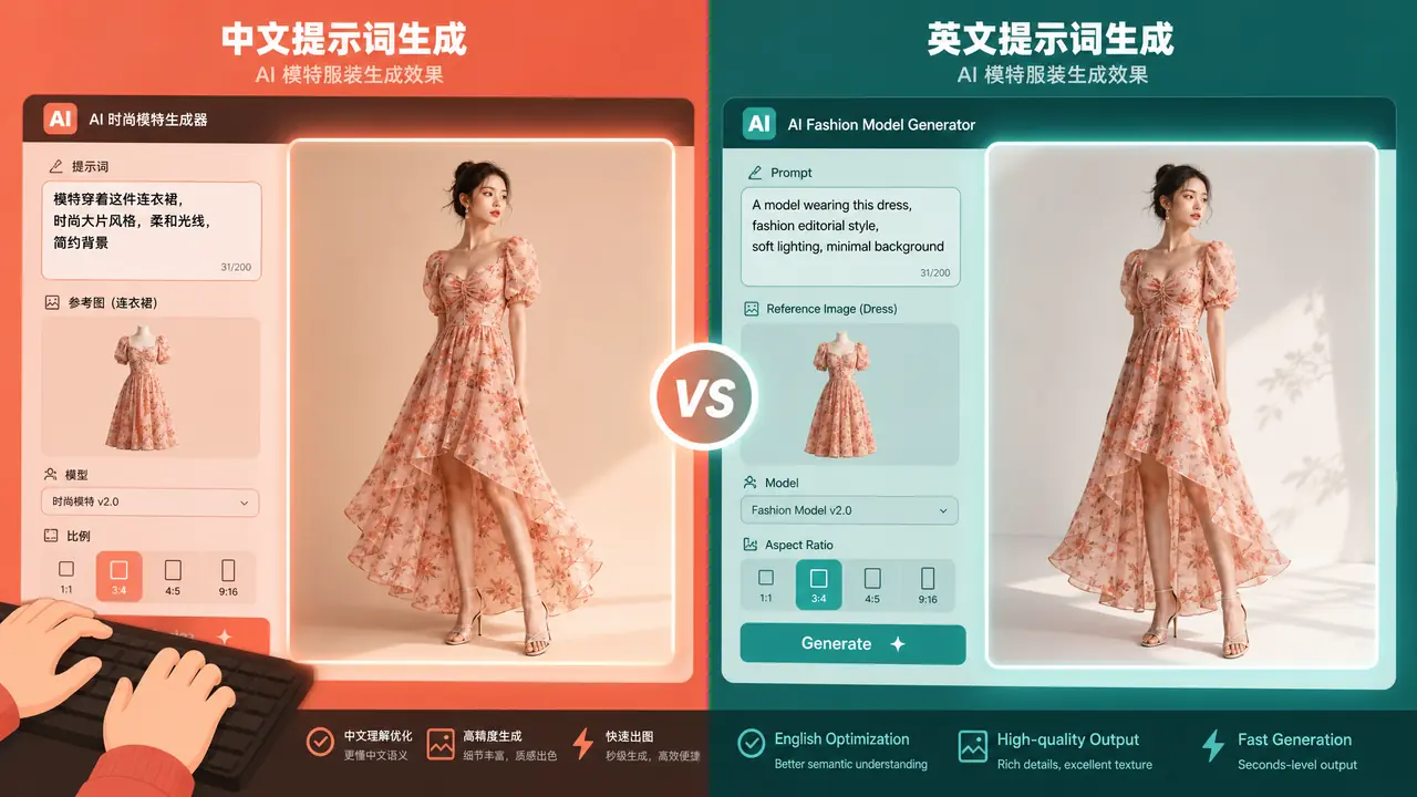 ai模特软件中文指令实测：中文提示词和英文差多少，怎么写不翻车