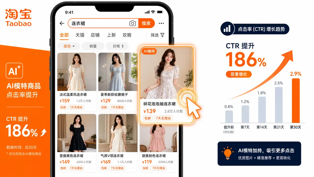 AI淘宝模特图怎么做出高点击？我拿两个款测了十四天