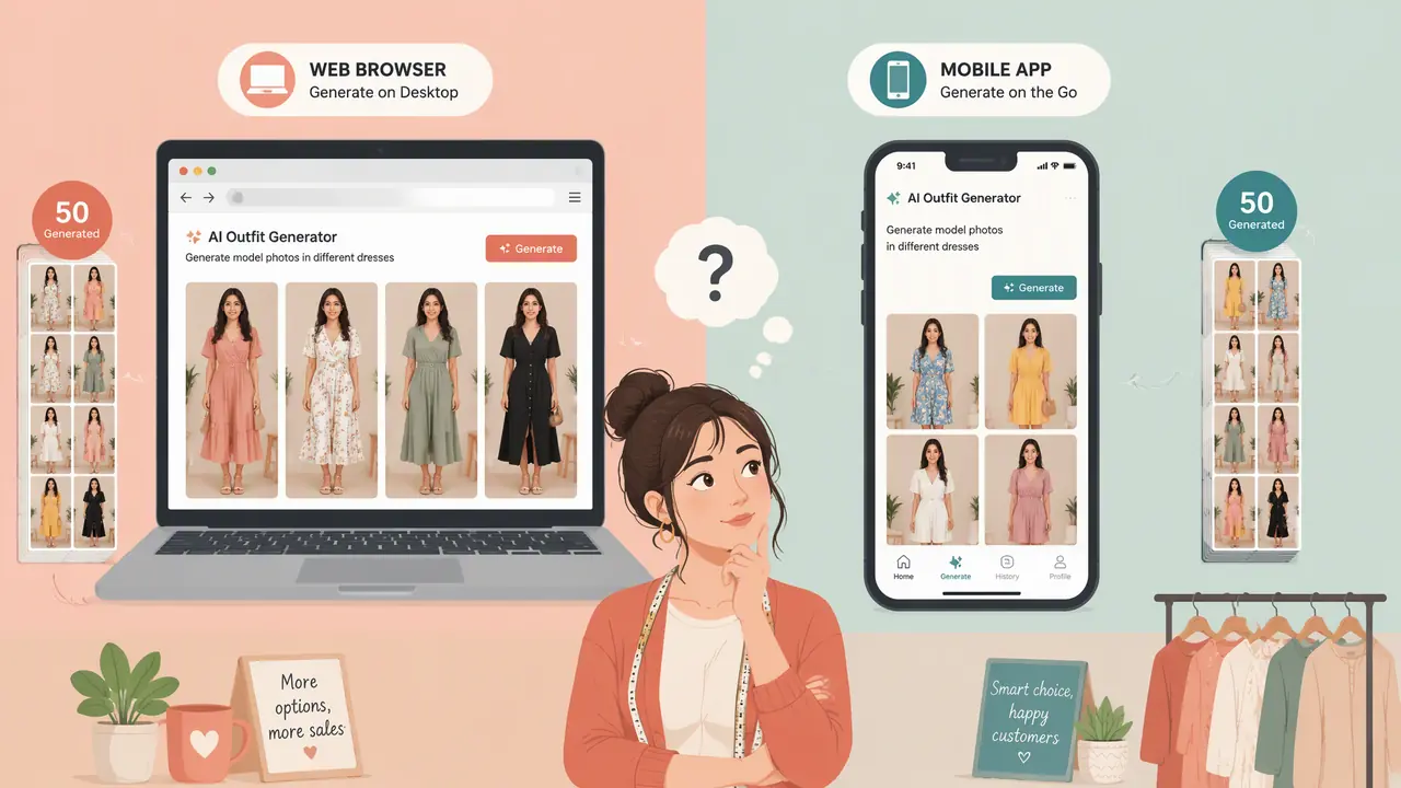 模特换装ai网页版和App怎么选？女装店主两边各跑50张的取舍